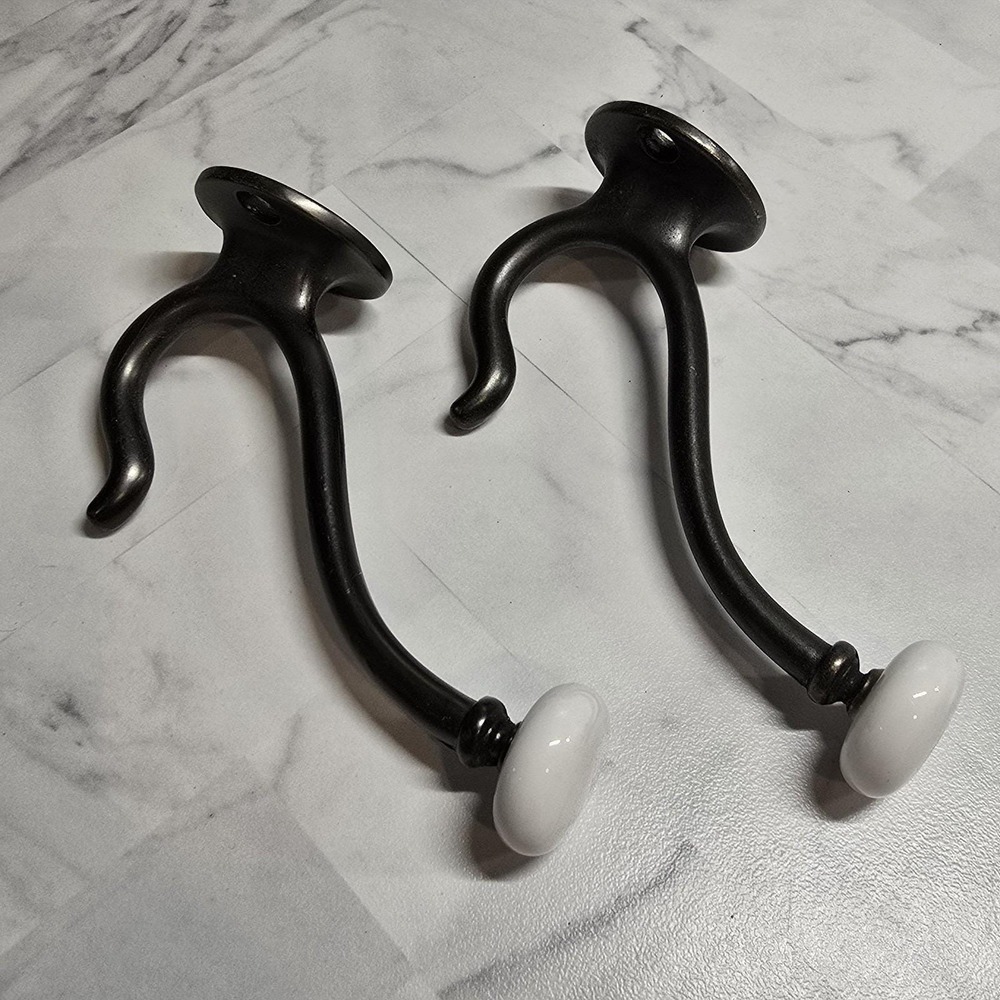 Set of 2 Vintage Metal Wall‎ Hooks with White Ceramic Knobs